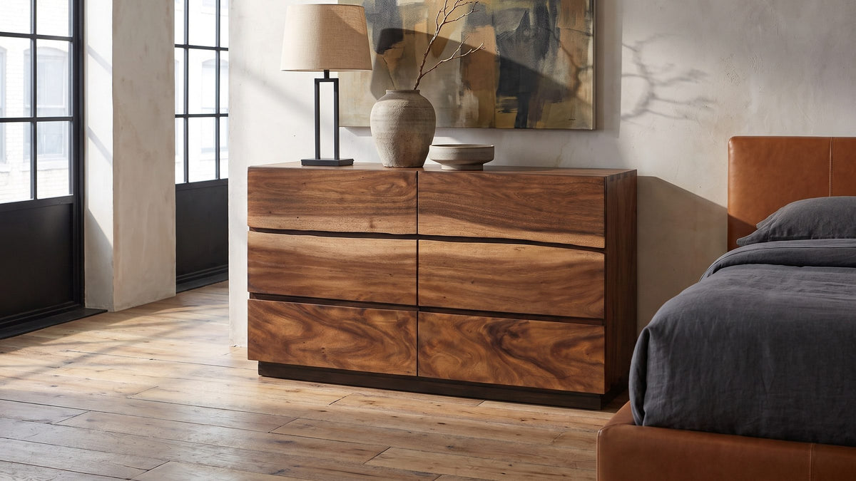 Warm wood, floating line. - Chioggia 64-Inch Smokey Walnut 6-Drawer Dresser