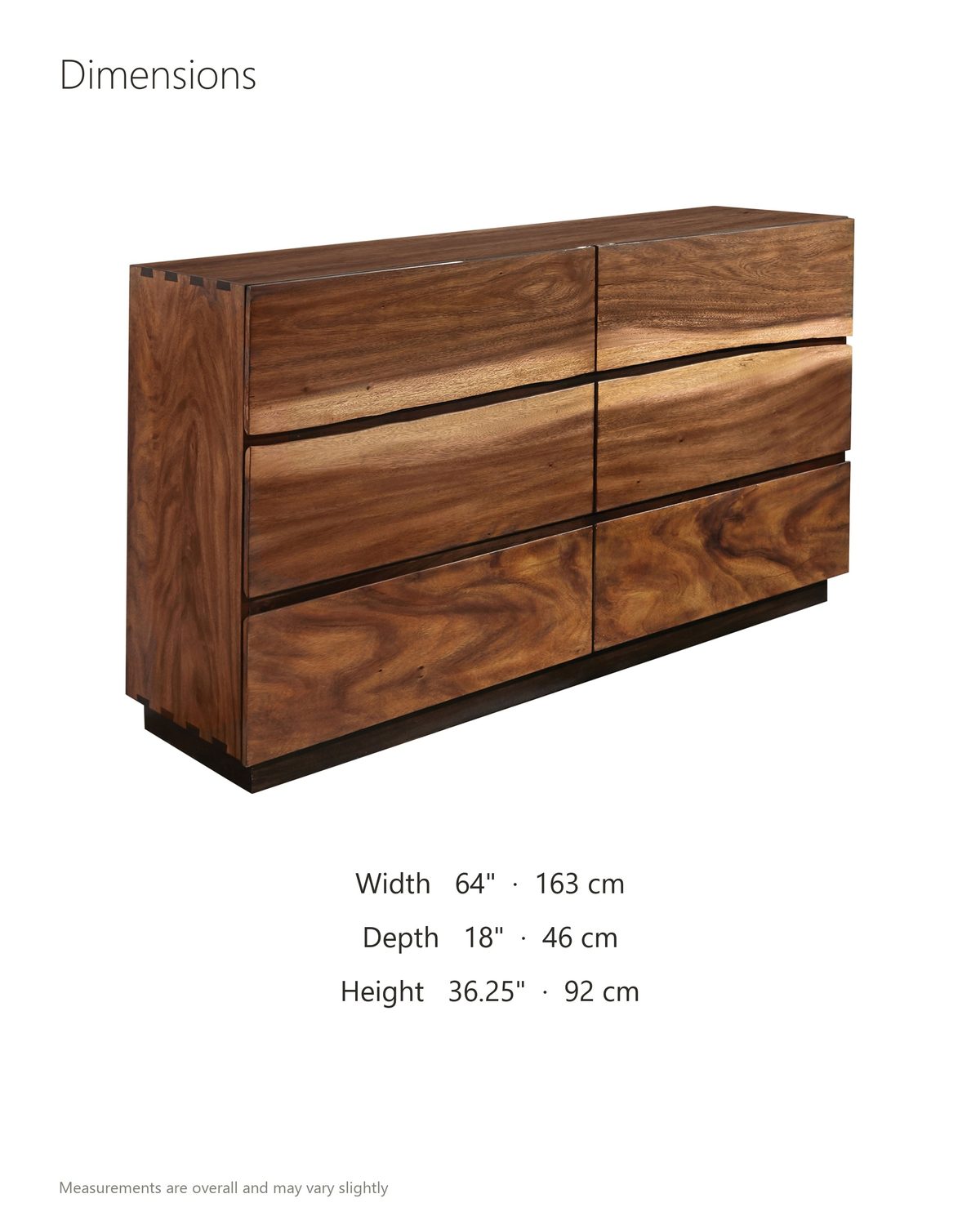 Chioggia 64-Inch Smokey Walnut 6-Drawer Dresser dimensions: 64 in wide, 18 in deep, 36.25 in high