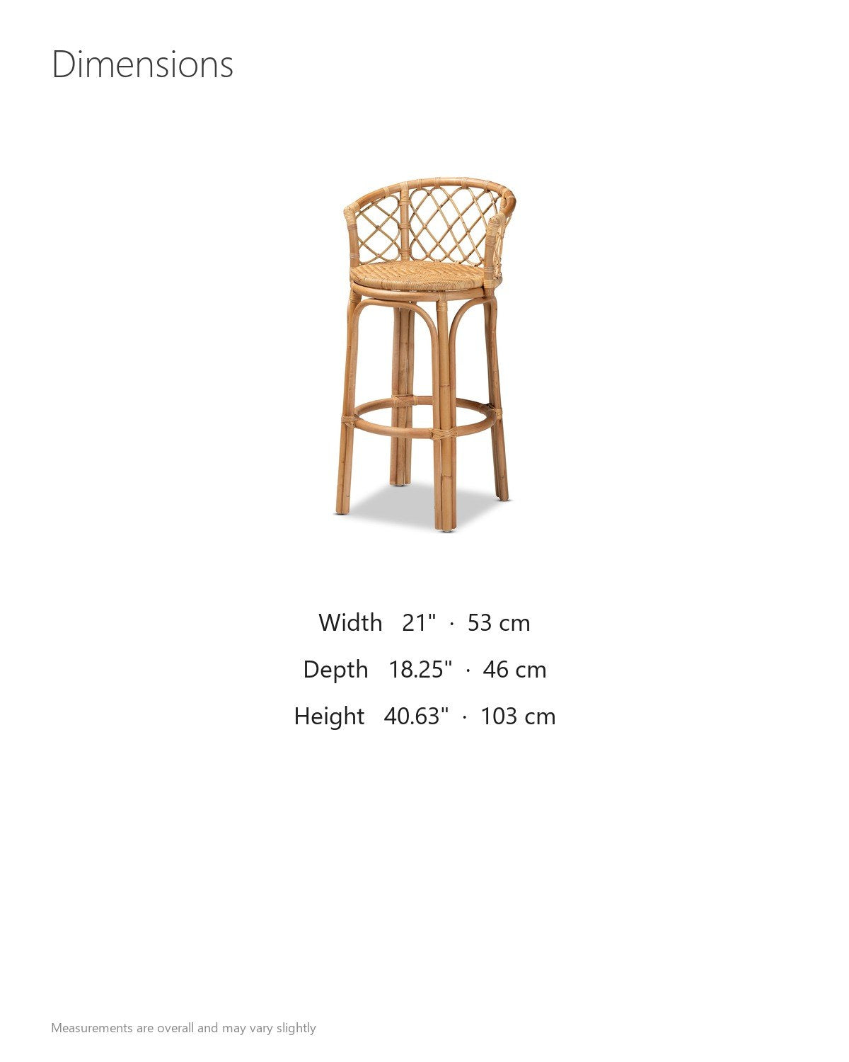Cicala Natural Rattan Lattice-Back Bar Stool dimensions