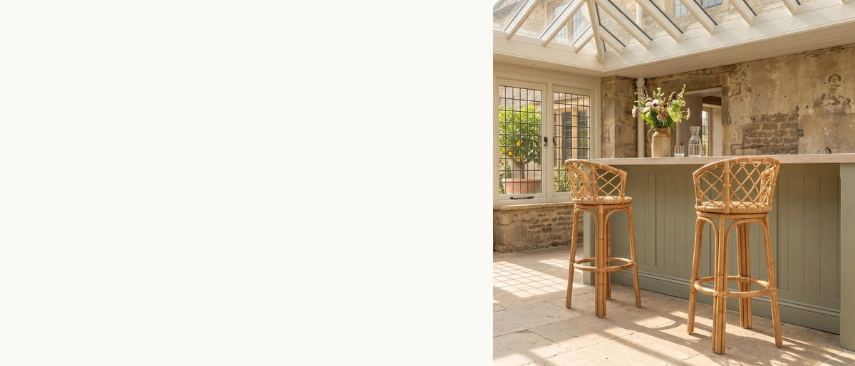 Golden rattan at the bar. - Cicala Natural Rattan Lattice-Back Bar Stool