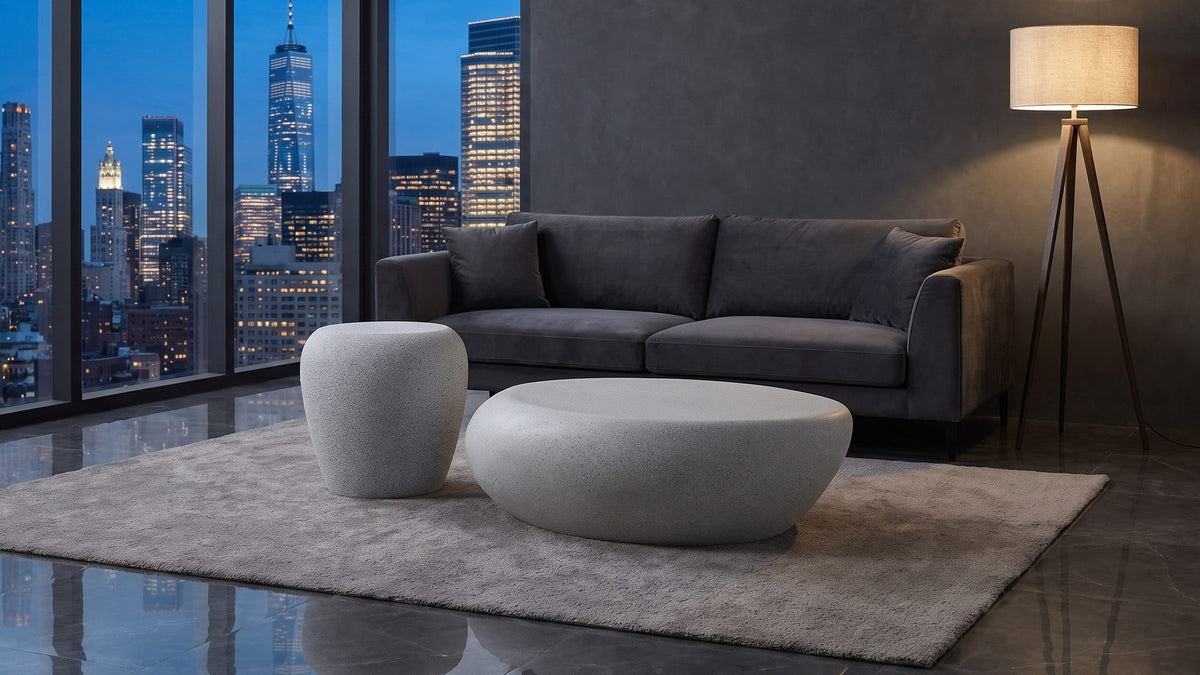 One grey, two heights. - Cilento Grey Fiberglass Pebble Coffee Table and Side Table Set