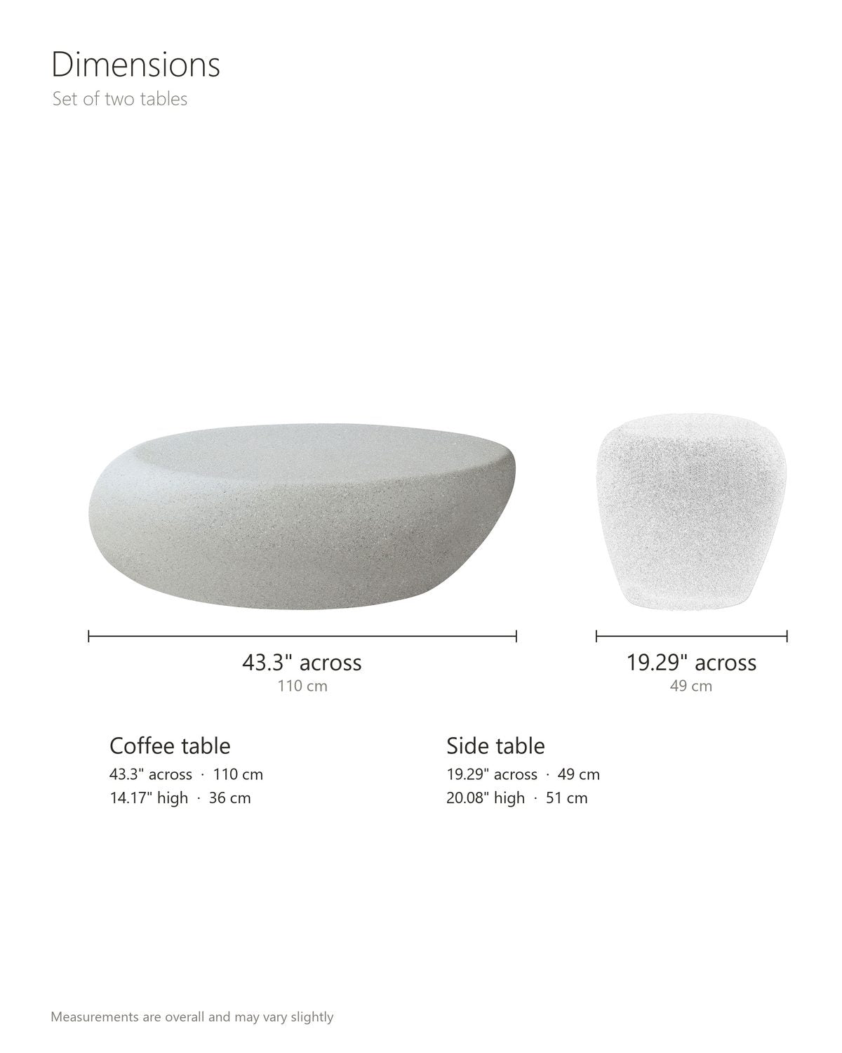 Cilento Grey Fiberglass Pebble Coffee Table and Side Table Set dimensions: coffee table 43.3 in long, 32.67 in deep and 14.17 in high; side table 19.29 in across at its widest and 20.08 in high