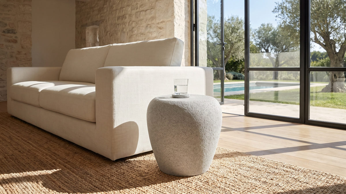 Soft stone, pale room. - Cilento Speckled Grey Fiberglass Pebble Side Table