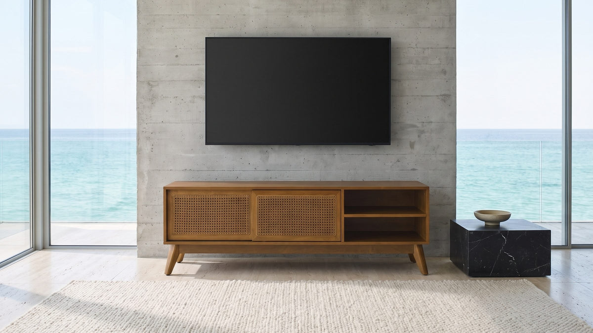 Warm wood, open weave. - Cisternino 59-Inch Pecan Birch Veneer and Cane Media Console