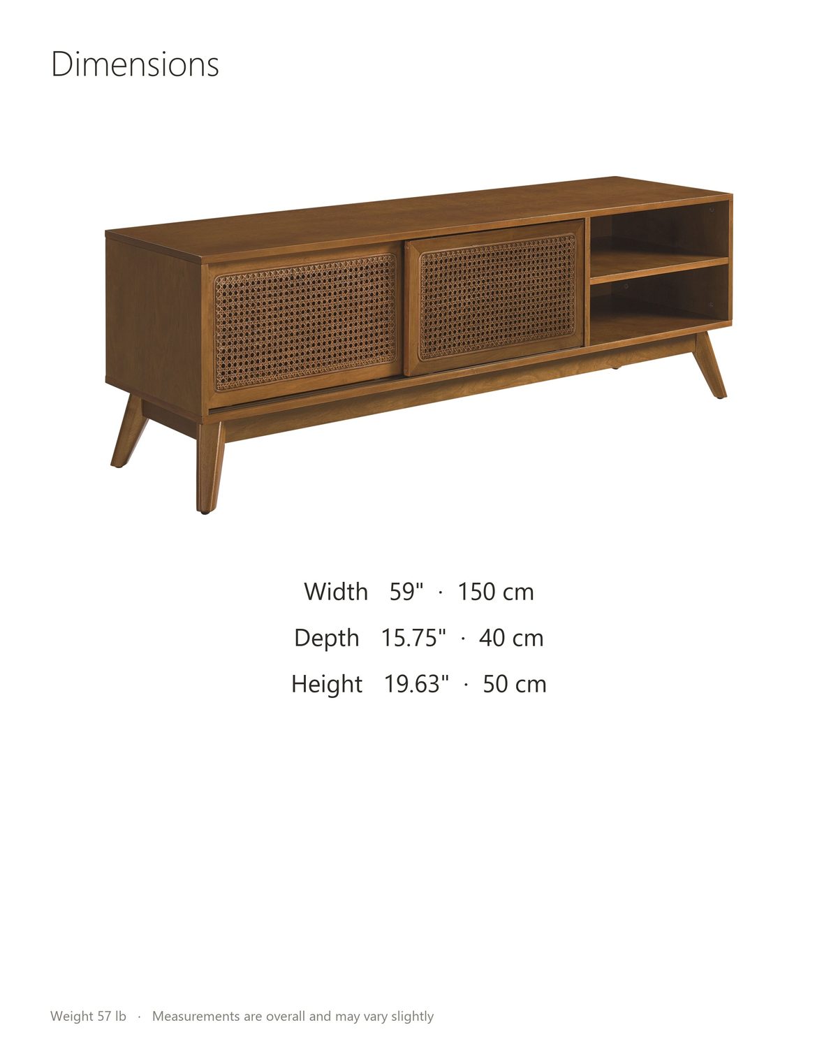 Cisternino 59-Inch Pecan Birch Veneer and Cane Media Console dimensions: 59 in wide, 15.75 in deep, 19.63 in high