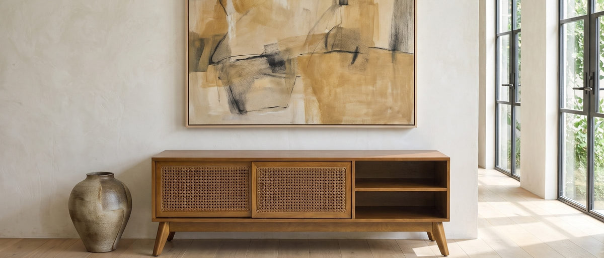 Cisternino 59-Inch Pecan Birch Veneer and Cane Media Console in the room