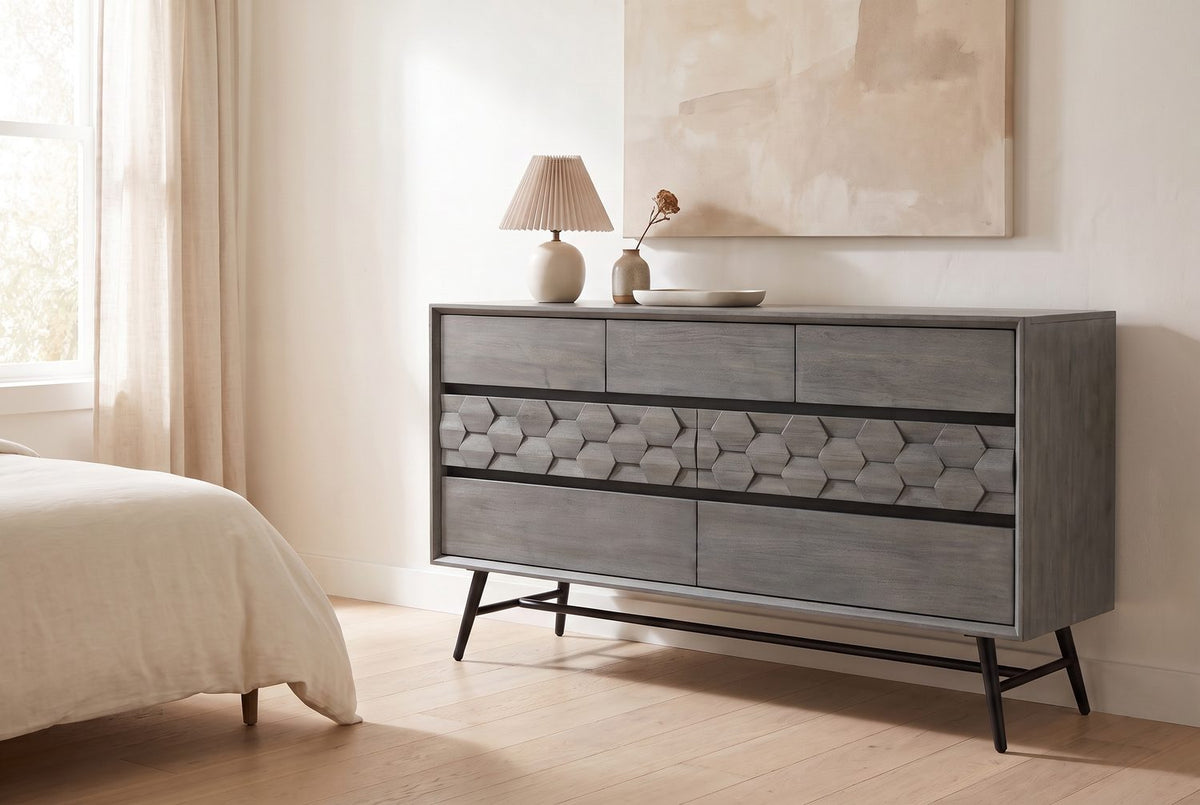 Quiet case, carved center. - Codroipo 61-Inch Gray Acacia Honeycomb Dresser