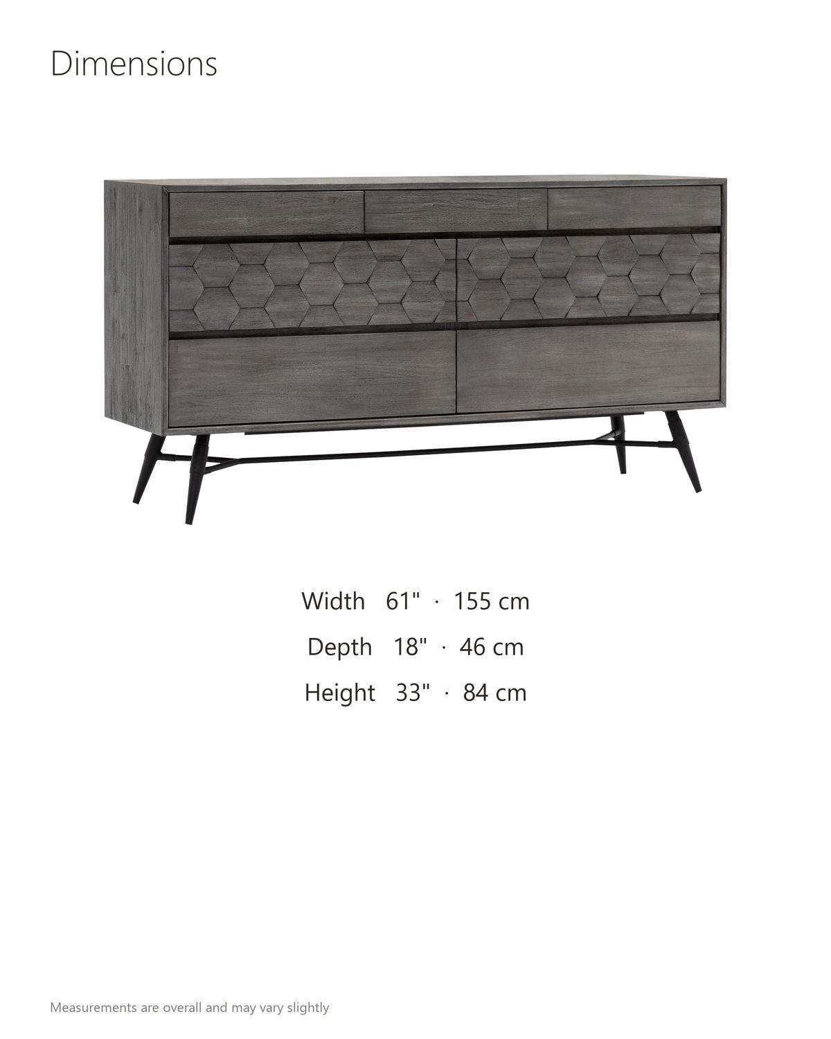 Codroipo 61-Inch Gray Acacia Honeycomb Dresser dimensions: 61 in wide, 18 in deep, 33 in high