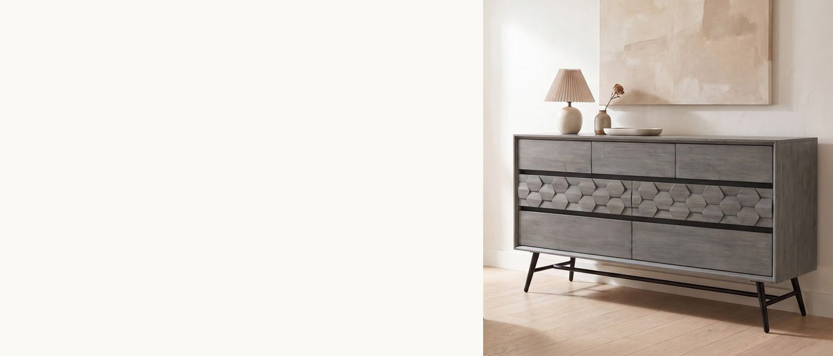 Gray acacia, honeycomb carved. - Codroipo 61-Inch Gray Acacia Honeycomb Dresser