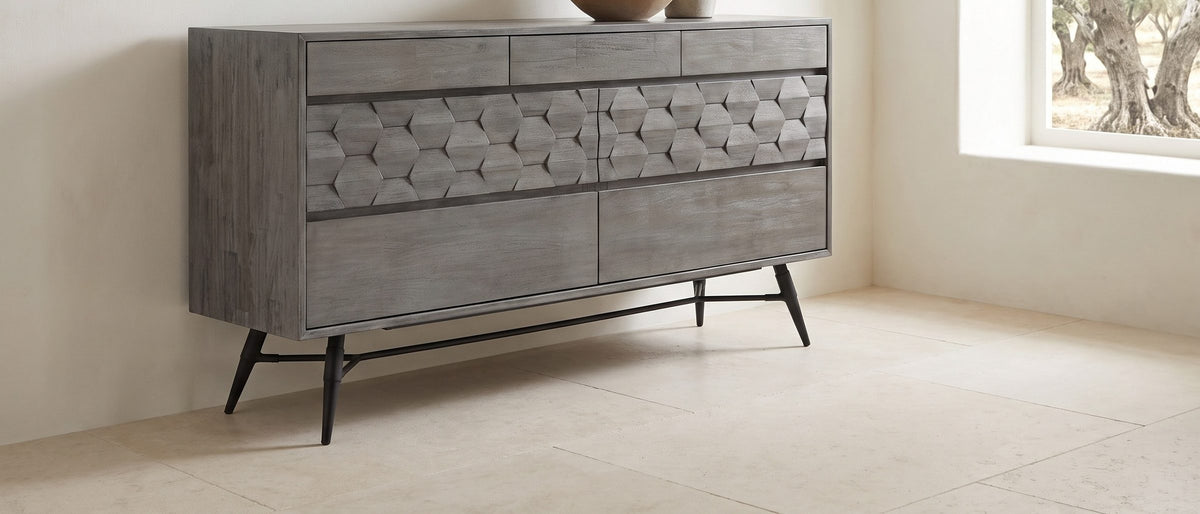 Codroipo 61-Inch Gray Acacia Honeycomb Dresser in the room