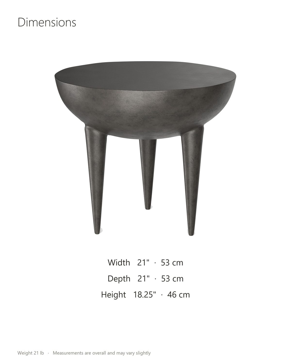 Colledara Cast Aluminum Bowl Side Table dimensions: 21 in wide, 21 in deep, 18.25 in high