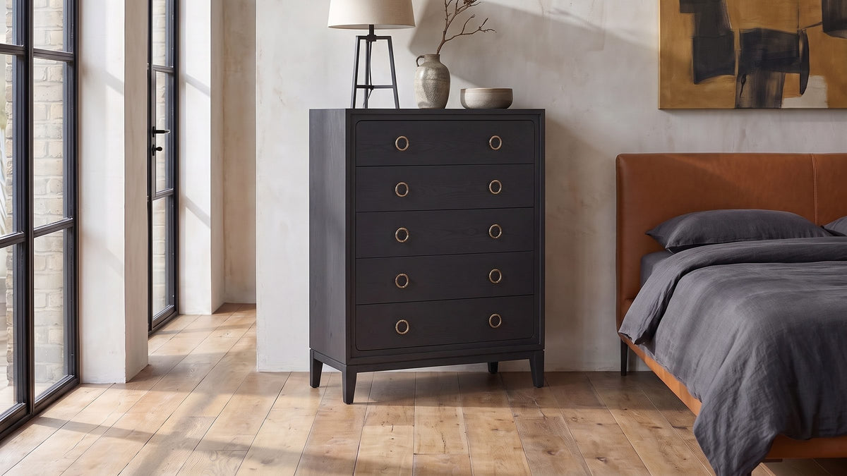 Dark wood, small warm lights. - Cologna 40-Inch Peppercorn 5-Drawer Chest