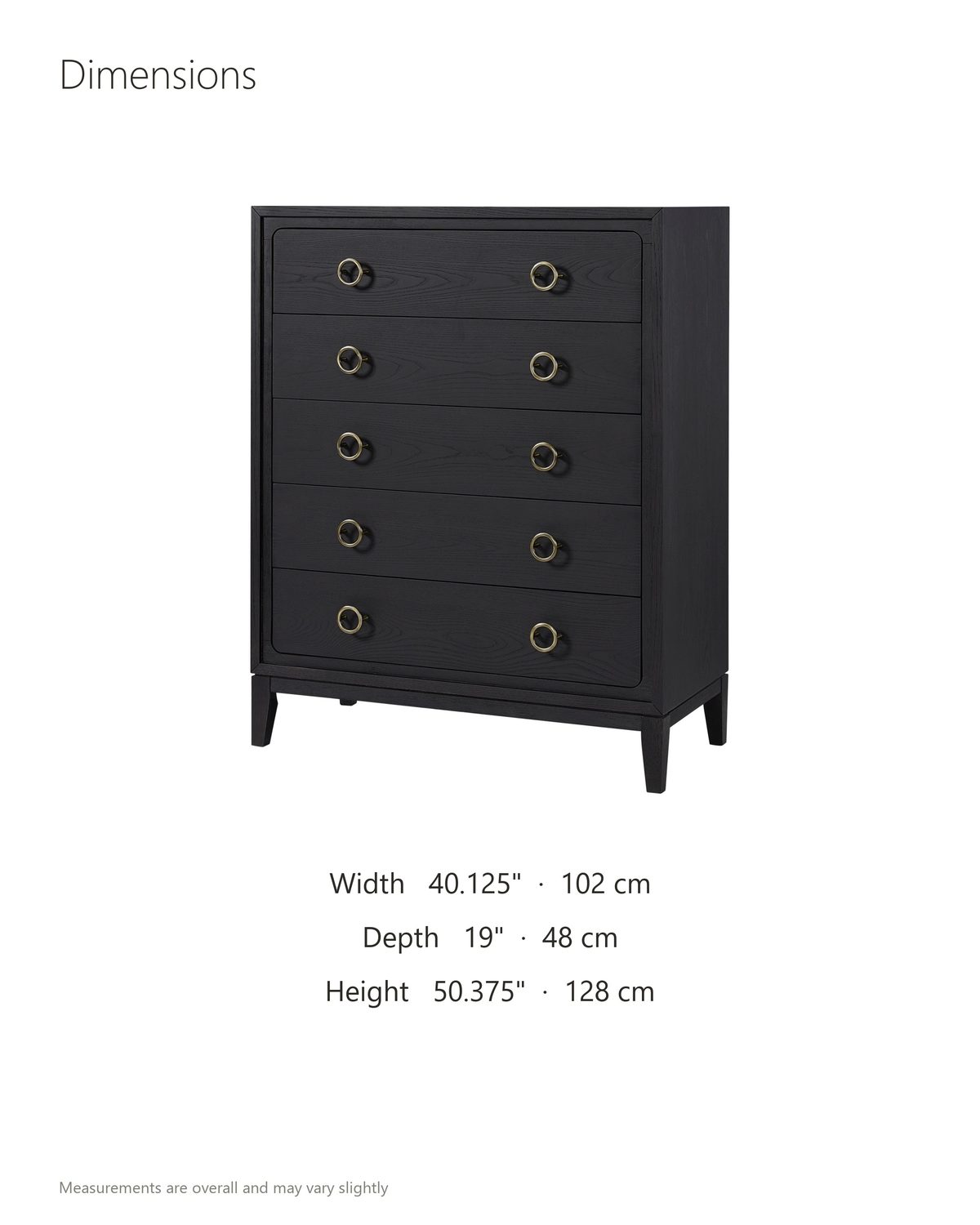 Cologna 40-Inch Peppercorn 5-Drawer Chest dimensions: 40.12 in wide, 19 in deep, 50.38 in high