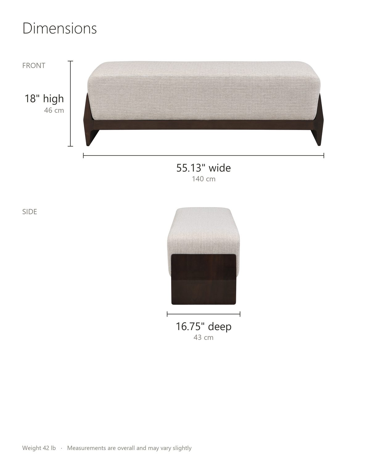 Como Wood Cradle Bench dimensions: 55.13 in wide, 16.75 in deep, 18 in high