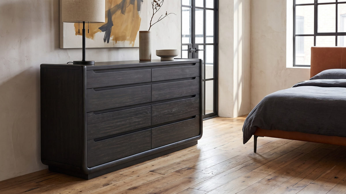 Near-black ash, soft frame. - Conegliano 66-Inch Burnished Black 8-Drawer Dresser
