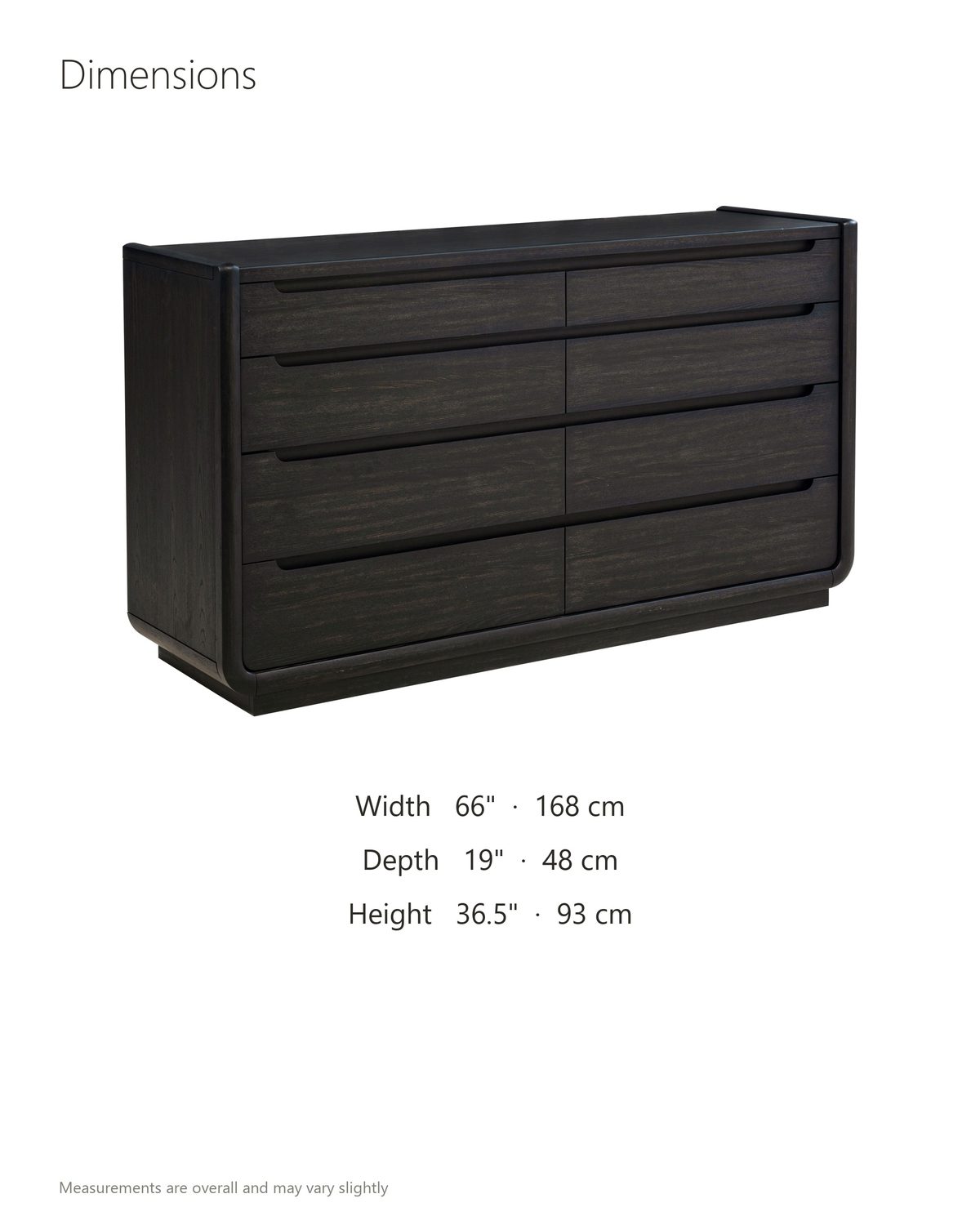 Conegliano 66-Inch Burnished Black 8-Drawer Dresser dimensions: 66 in wide, 19 in deep, 36.5 in high