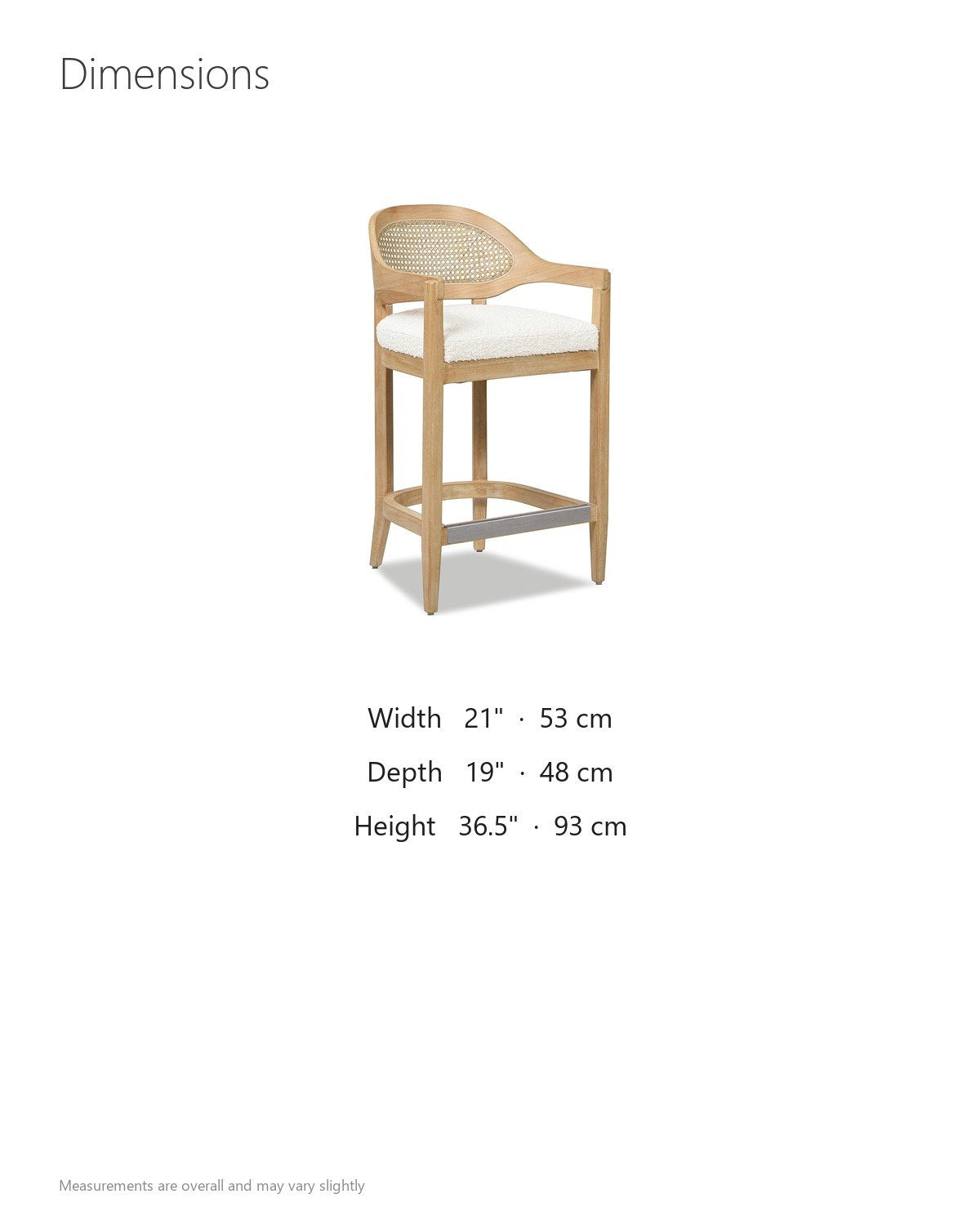 Conflenti 26-Inch Cane-Back Oak Counter Stool, Ivory Boucle dimensions