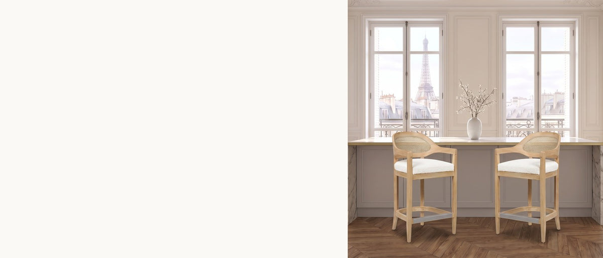 Pull up for breakfast. - Conflenti 26-Inch Cane-Back Oak Counter Stool, Ivory Boucle