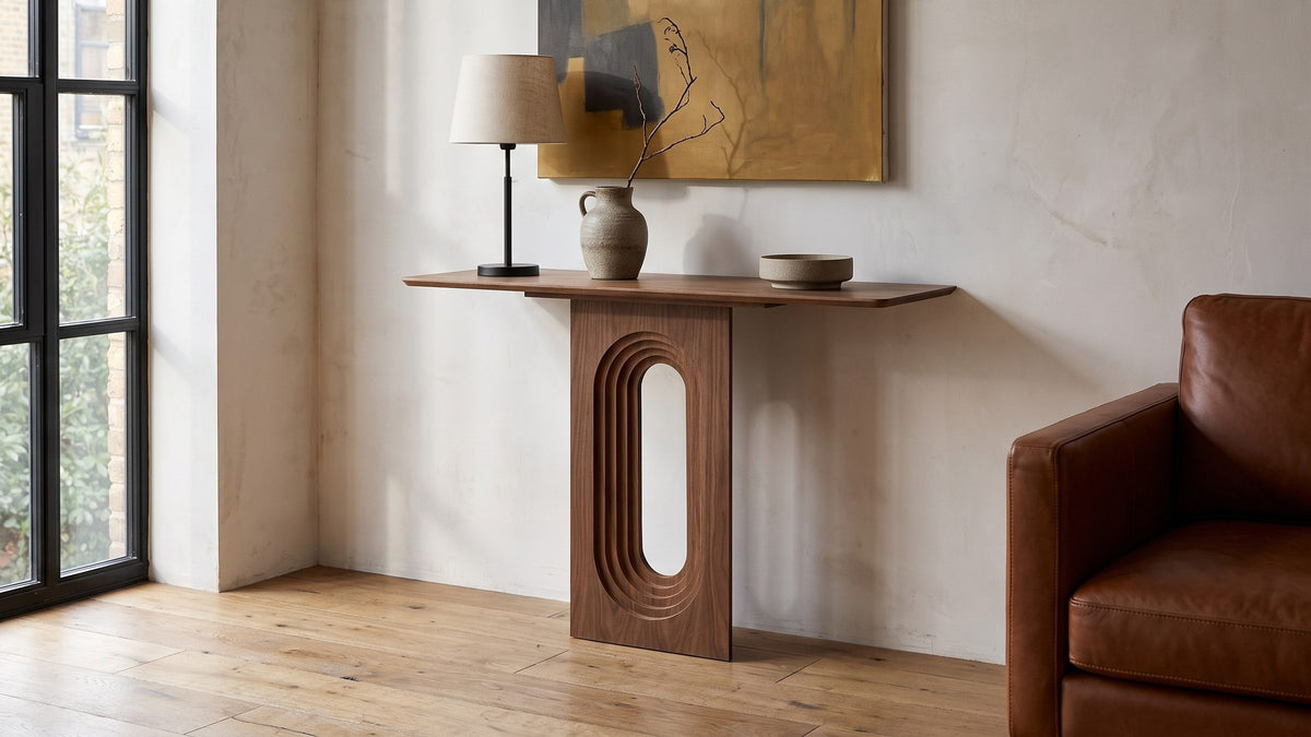 A thin line of walnut. - Corato Walnut Veneer Pedestal Console Table