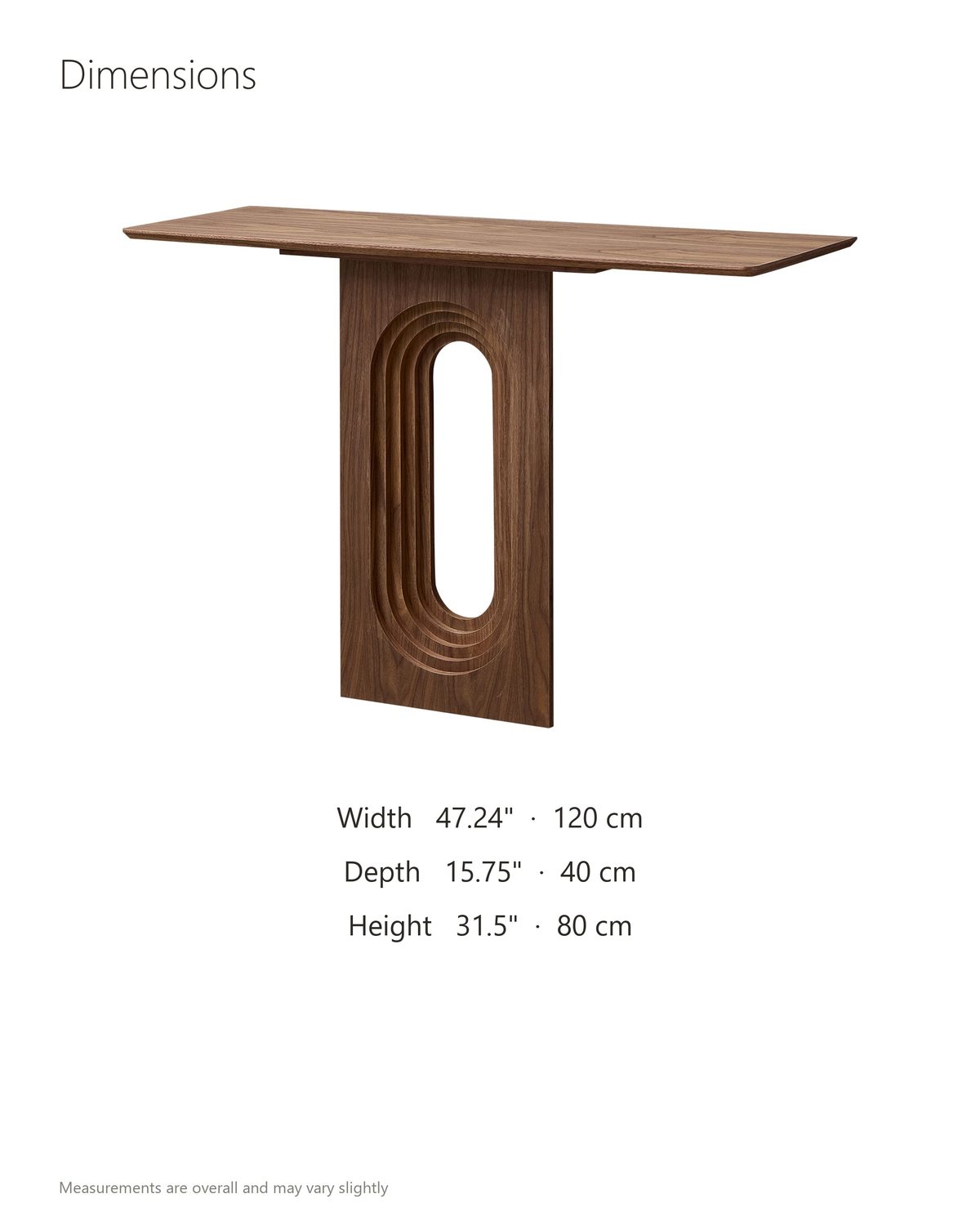 Corato Walnut Veneer Pedestal Console Table dimensions: 47.24 in wide, 15.75 in deep, 31.5 in high