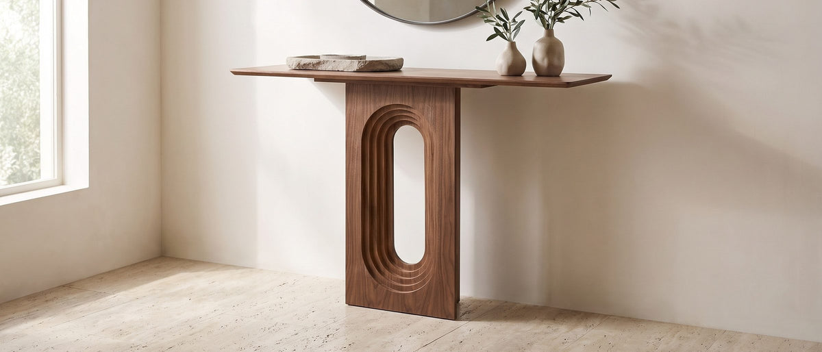 Corato Walnut Veneer Pedestal Console Table in the room