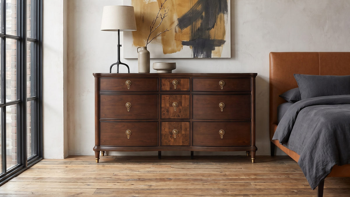Traditional warmth, clean lines. - Cormons 66-Inch Dark Cherry and Burl 9-Drawer Dresser