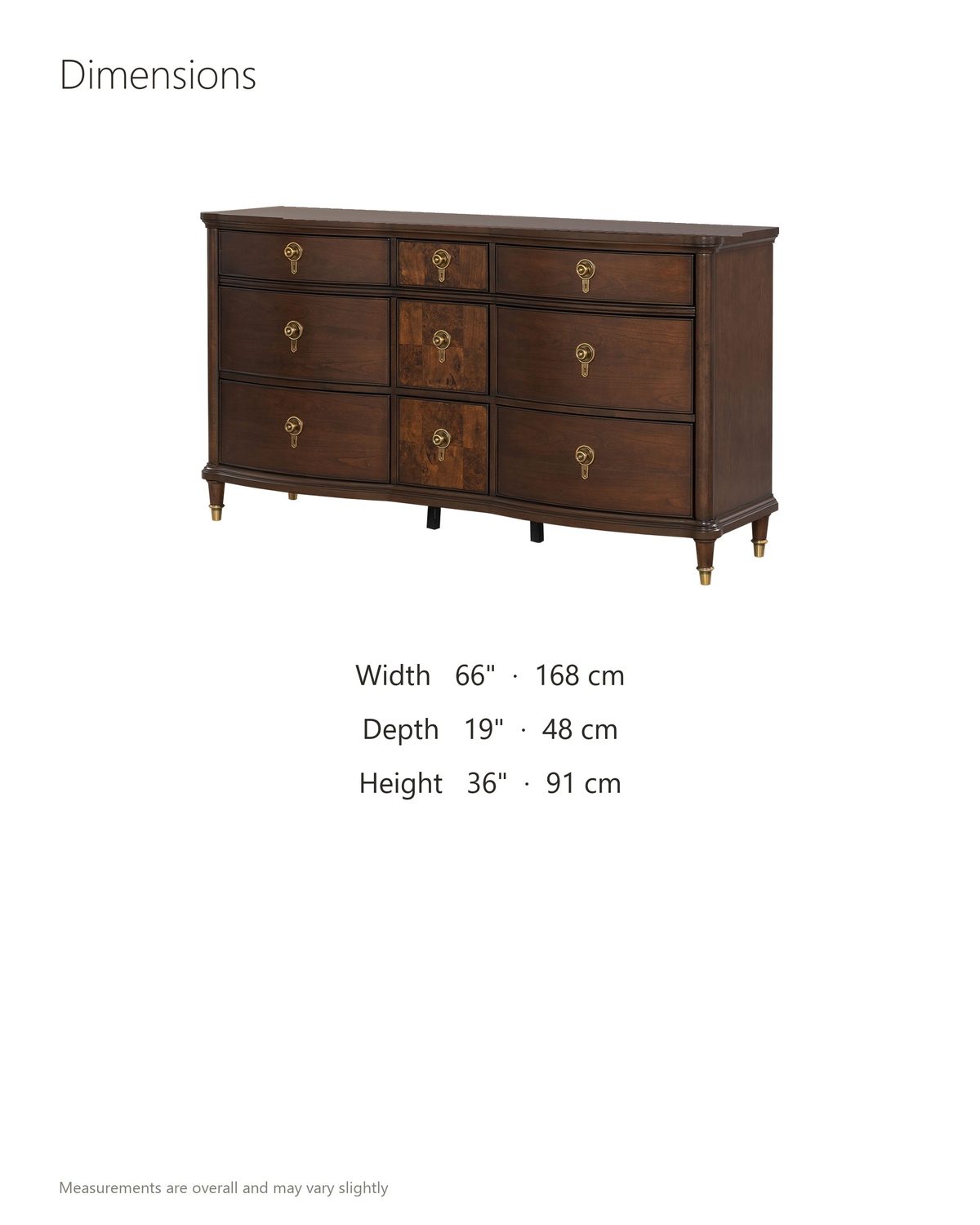 Cormons 66-Inch Dark Cherry and Burl 9-Drawer Dresser dimensions: 66 in wide, 19 in deep, 36 in high