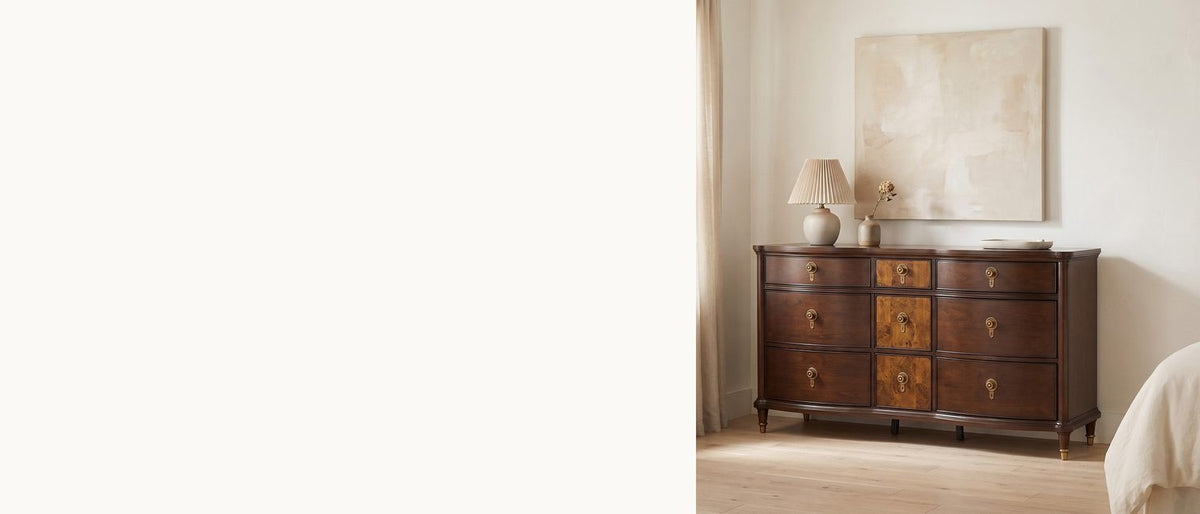 Cherry, burl and brass. - Cormons 66-Inch Dark Cherry and Burl 9-Drawer Dresser