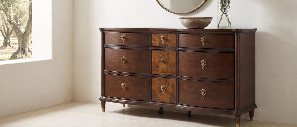 Cormons 66-Inch Dark Cherry and Burl 9-Drawer Dresser in the room