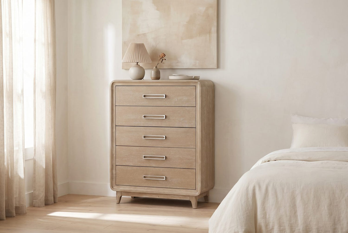Pale oak, nickel lines. - Cortina 40-Inch Natural Oak 5-Drawer Chest
