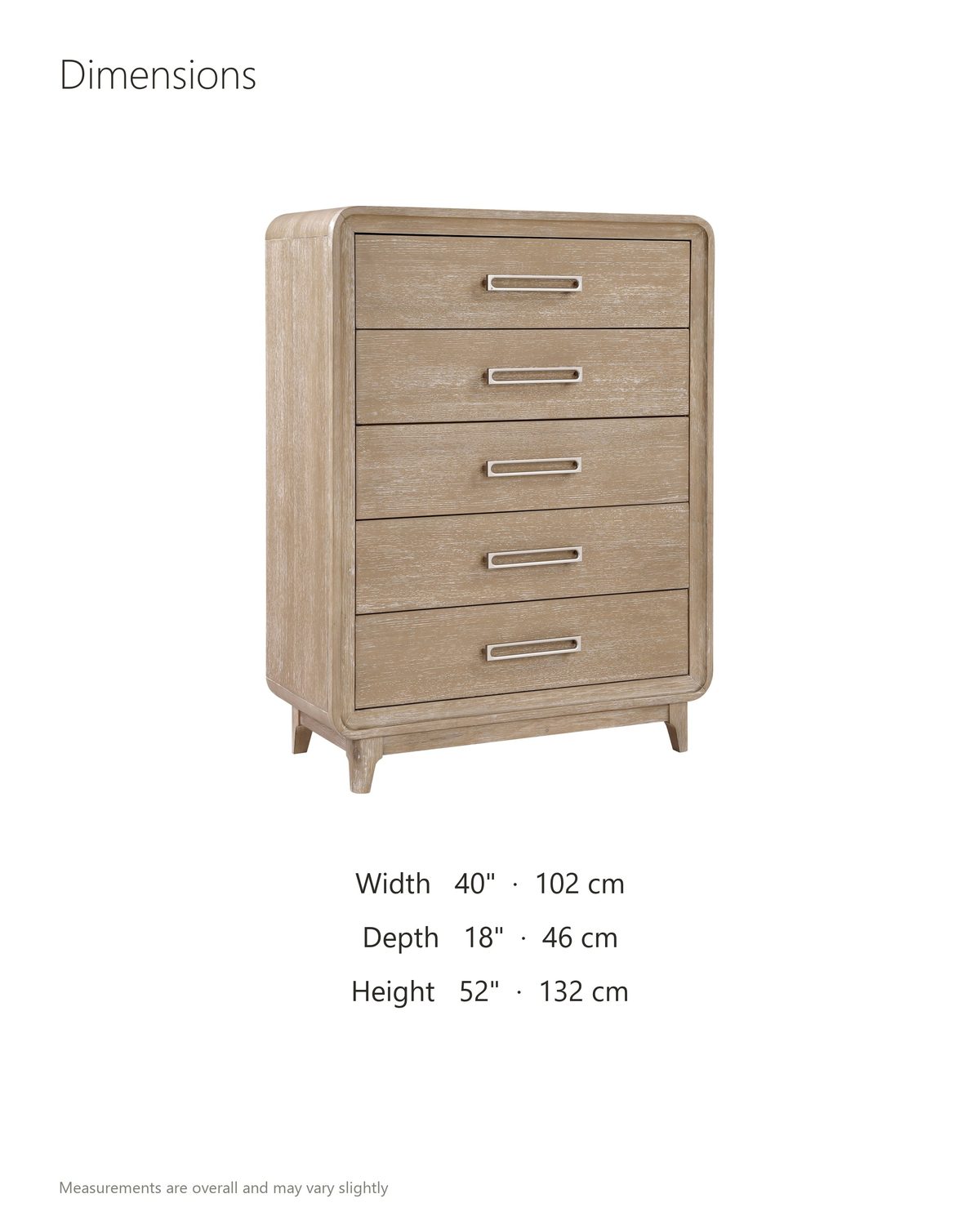 Cortina 40-Inch Natural Oak 5-Drawer Chest dimensions: 40 in wide, 18 in deep, 52 in high