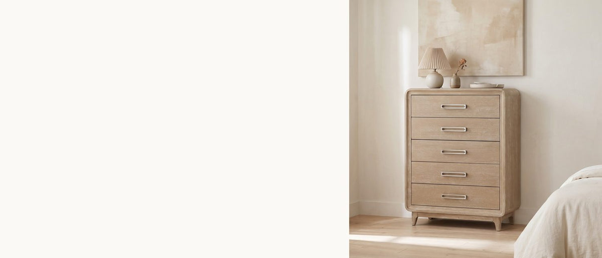 Soft corners, limed oak. - Cortina 40-Inch Natural Oak 5-Drawer Chest