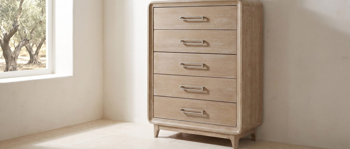 Cortina 40-Inch Natural Oak 5-Drawer Chest in the room