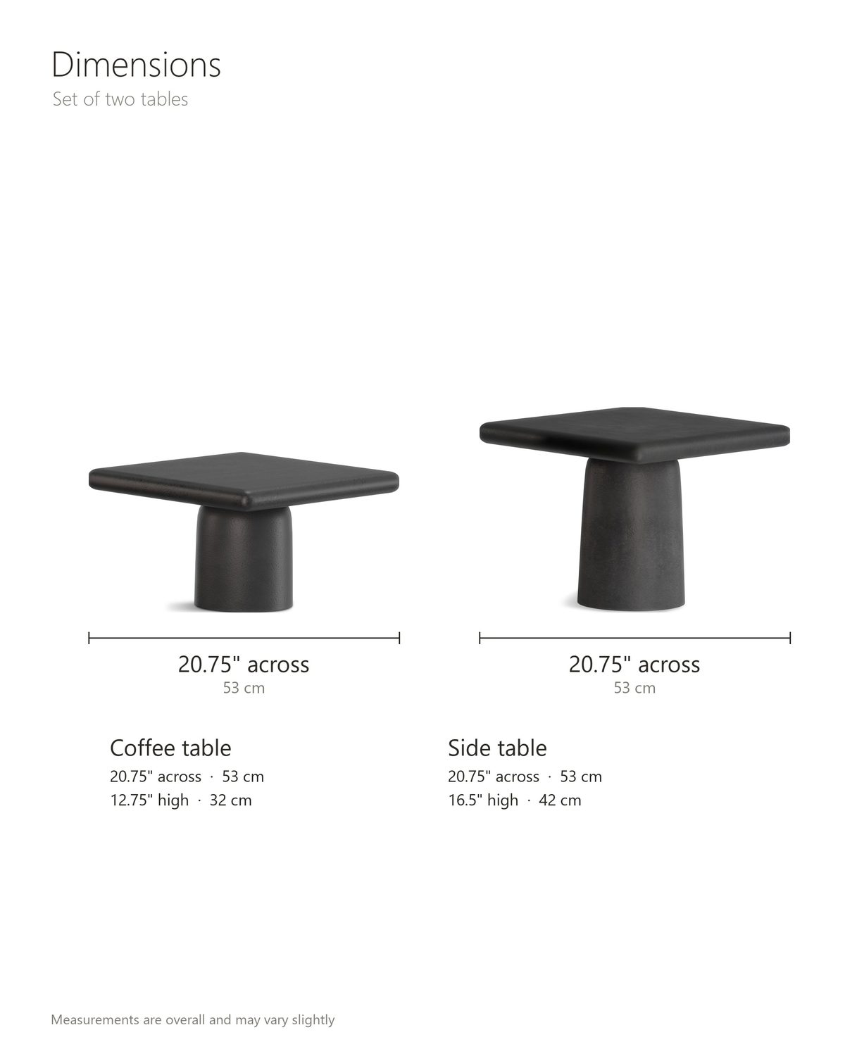 Cortona Cast Aluminum Pedestal Coffee Tables, Set of 2 dimensions: taller table 20.75 in square and 16.5 in high, lower table 20.75 in square and 12.75 in high