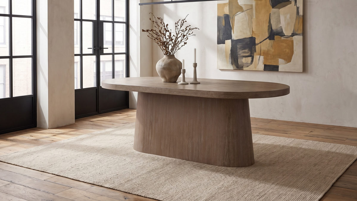 Quiet taupe, soft curves. - Cotronei 84-Inch Oval Cocoa Wood Veneer Pedestal Dining Table