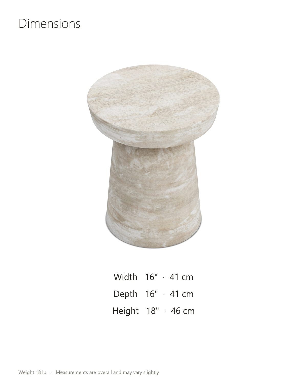 Craco Whitewashed Mango Pedestal Side Table dimensions: 16 in wide, 16 in deep, 18 in high