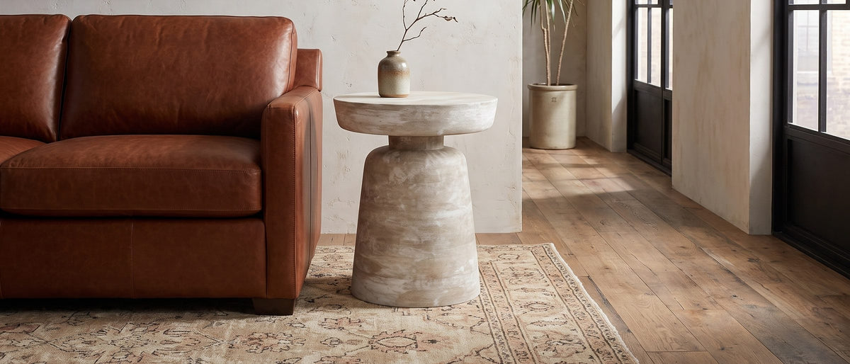 Craco Whitewashed Mango Pedestal Side Table in the room
