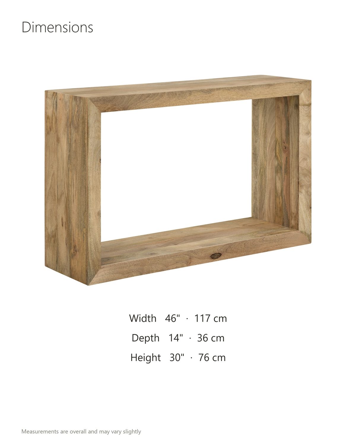 Crispiano Mango Wood Open Frame Console Table dimensions: 46 in wide, 14 in deep, 30 in high