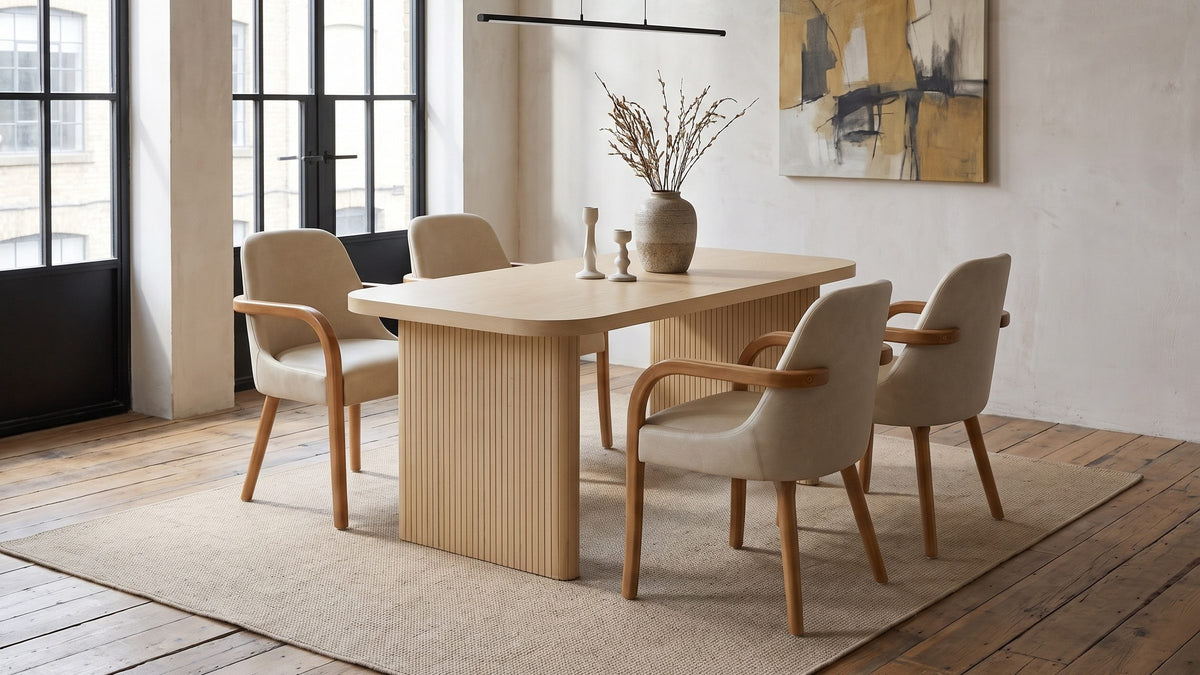 Pale oak, soft putty. - Cropani 69-Inch Rectangular Fluted Dining Set with 4 Arm Chairs