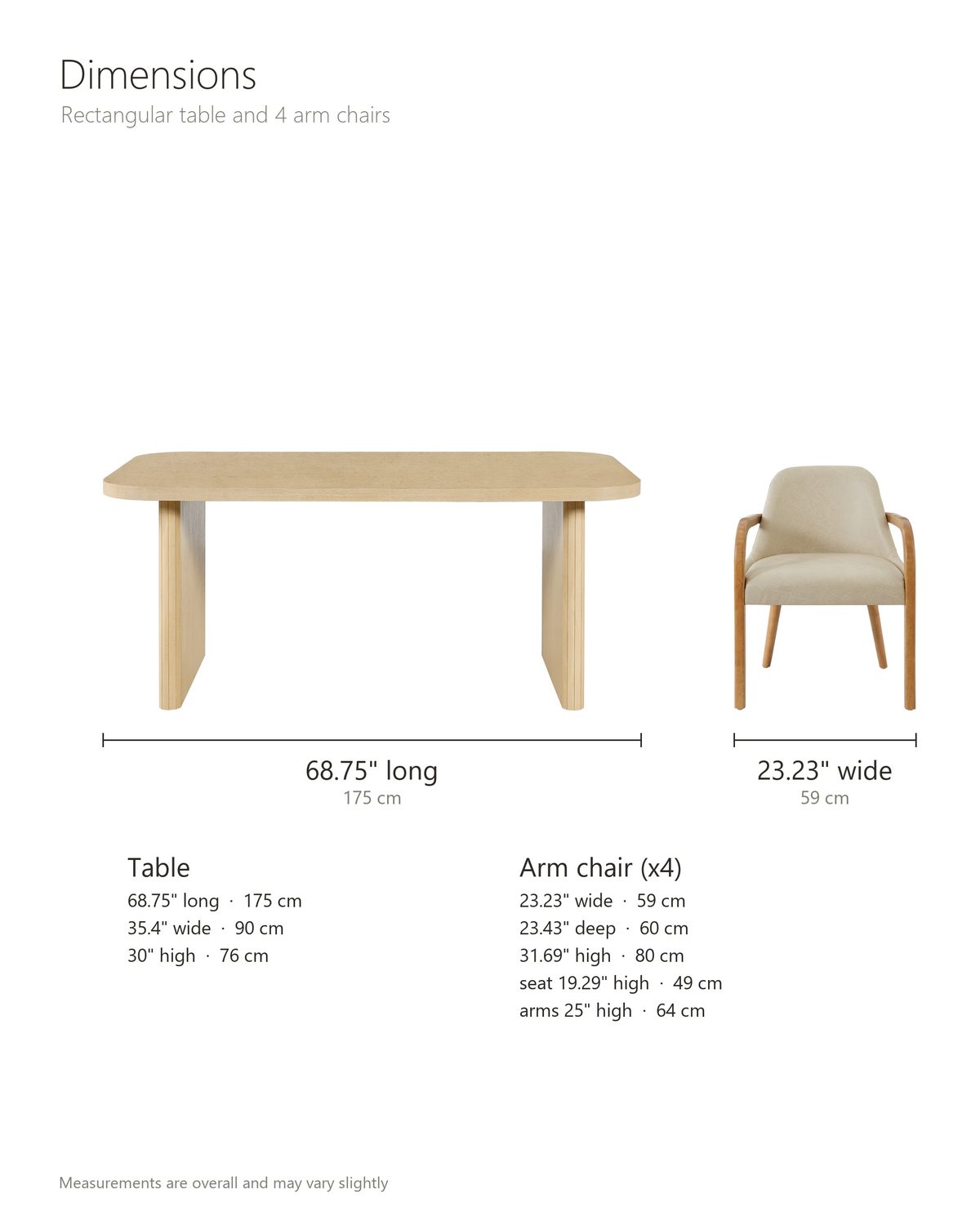 Cropani 69-Inch Rectangular Fluted Dining Set with 4 Arm Chairs dimensions: table 68.75 in long, 35.4 in wide and 30 in high; each arm chair 23.23 in wide, 23.43 in deep and 31.69 in high, seat 19.29 in high, arms 25 in high