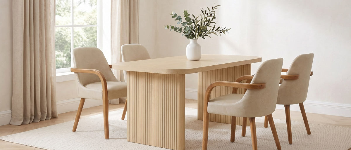 Cropani 69-Inch Rectangular Fluted Dining Set with 4 Arm Chairs in the room