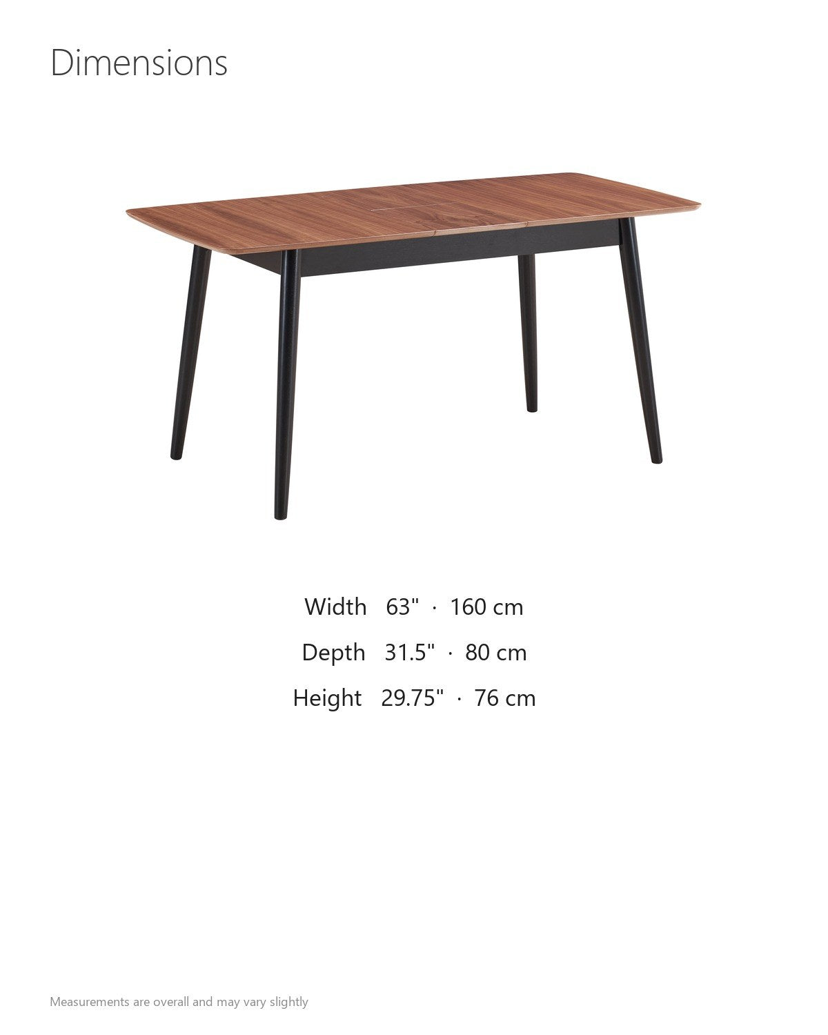 Crosia 63-Inch Rectangular Walnut Veneer Extending Dining Table dimensions