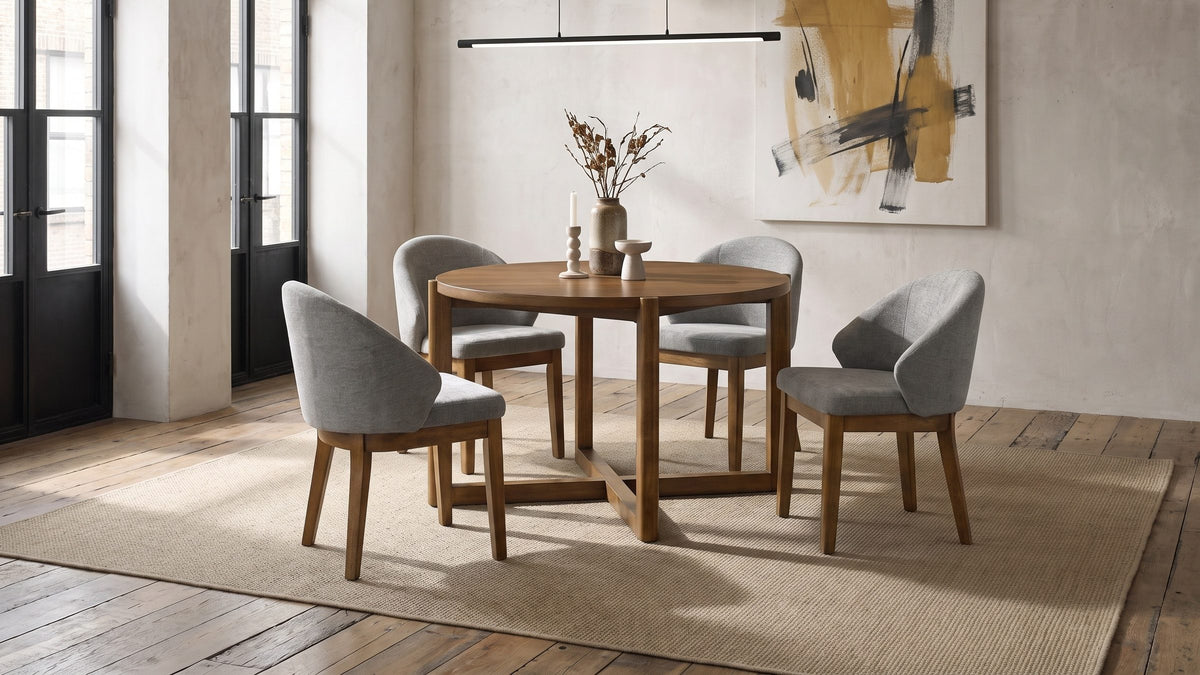 Warm walnut, soft grey. - Crucoli 47-Inch Round Walnut-Finish Dining Set with 4 Chairs