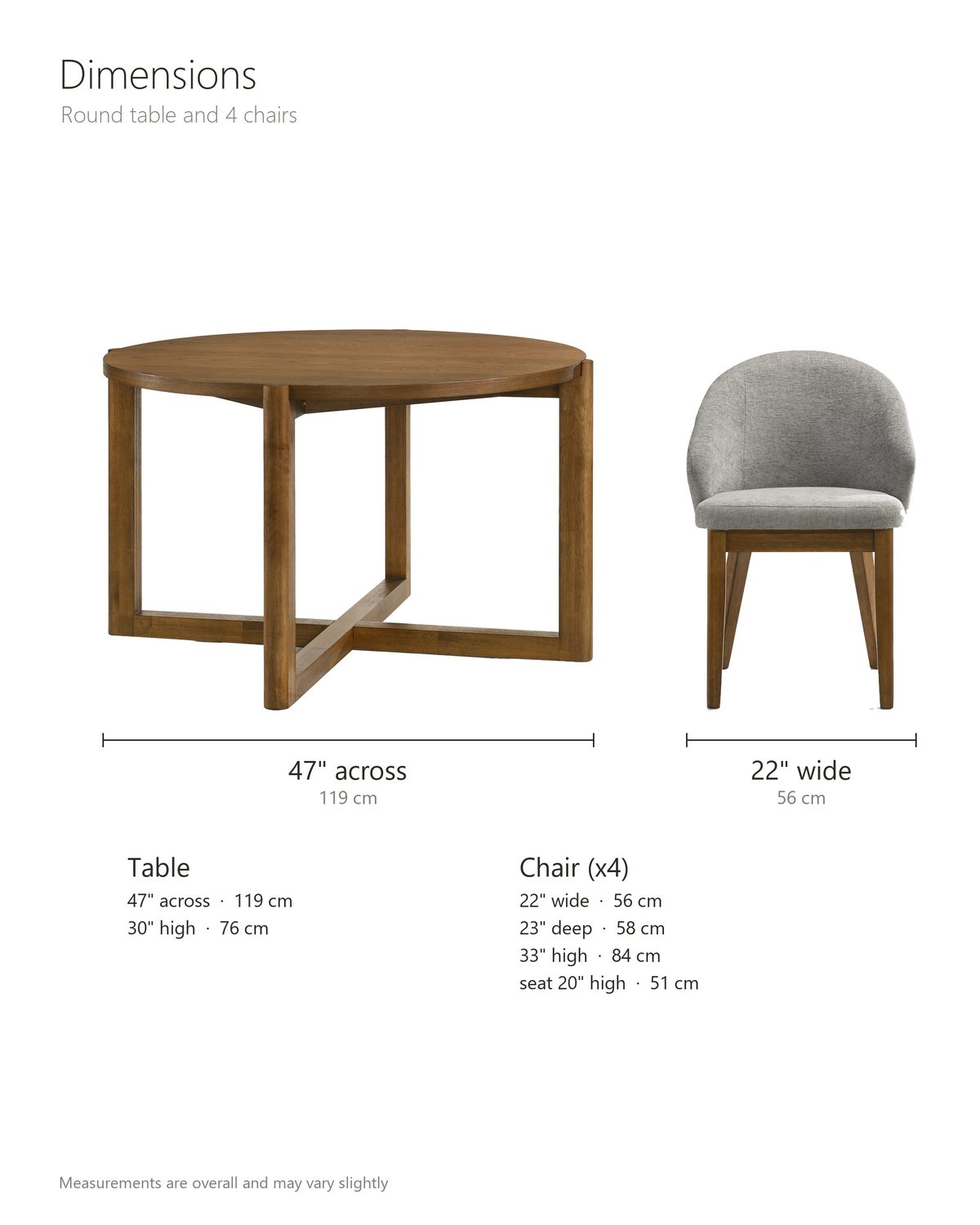 Crucoli 47-Inch Round Walnut-Finish Dining Set with 4 Chairs dimensions: table 47 in across and 30 in high; each chair 22 in wide, 23 in deep and 33 in high, seat 20 in high