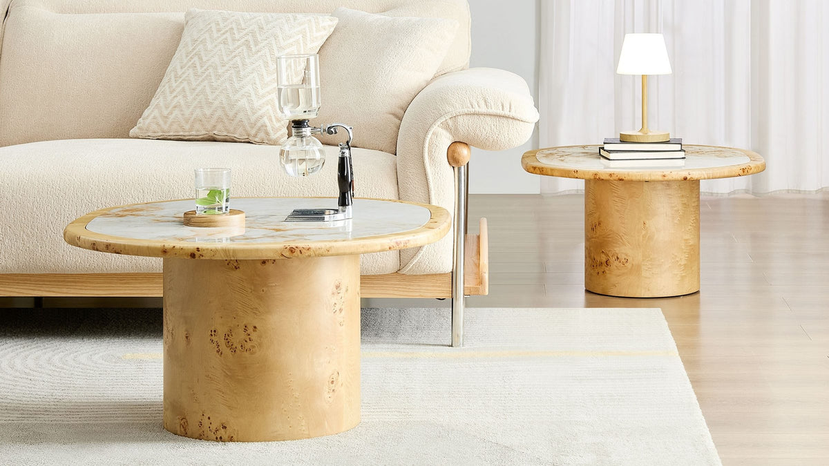 One set, two places. - Cuneo 29-Inch Pebble Burl Veneer and Sintered Stone Coffee Table Set