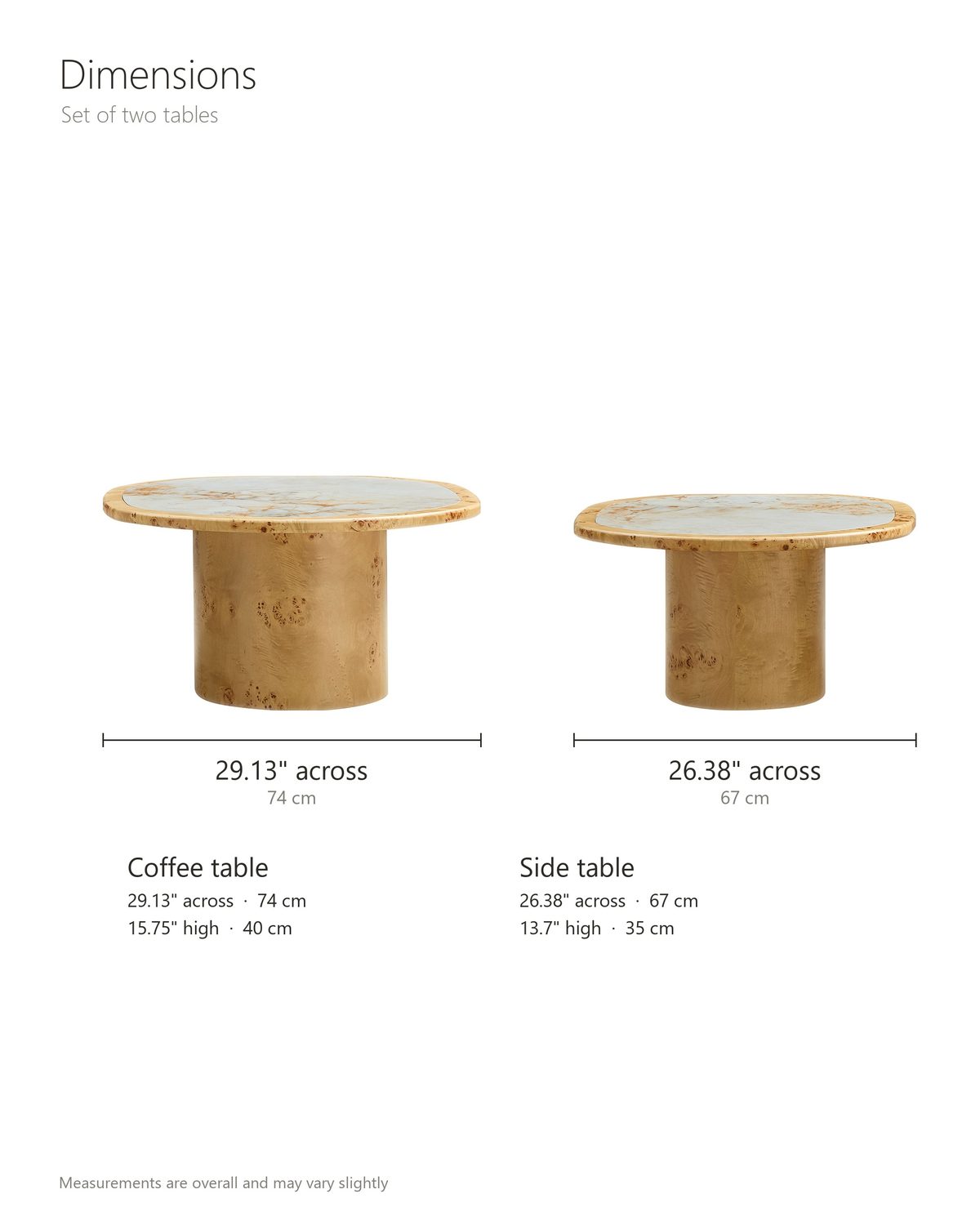 Cuneo 29-Inch Pebble Burl Veneer and Sintered Stone Coffee Table Set dimensions: larger table 29.1 x 27.6 in and 15.75 in high; smaller table 26.4 x 25.2 in and 13.7 in high