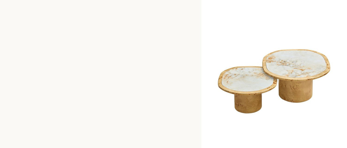 White stone, golden burl. - Cuneo 29-Inch Pebble Burl Veneer and Sintered Stone Coffee Table Set