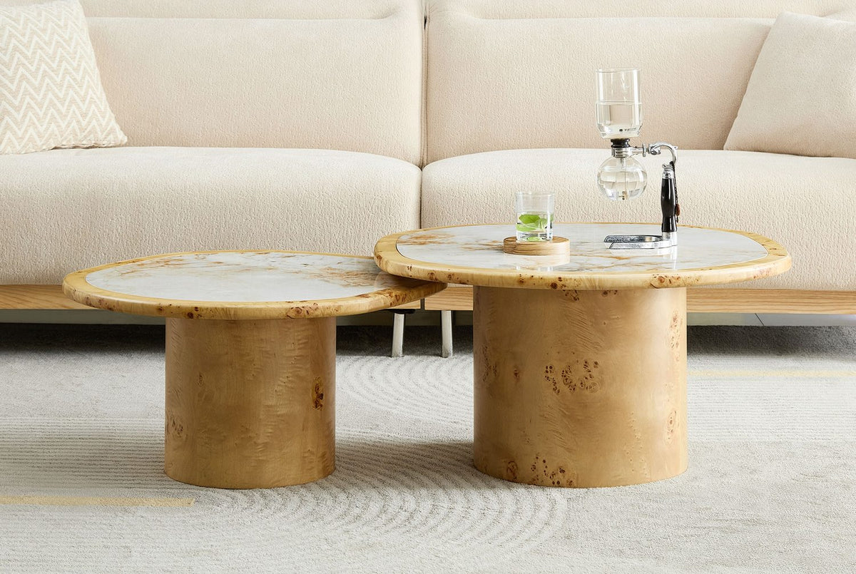 Cuneo 29-Inch Pebble Burl Veneer and Sintered Stone Coffee Table Set in the room