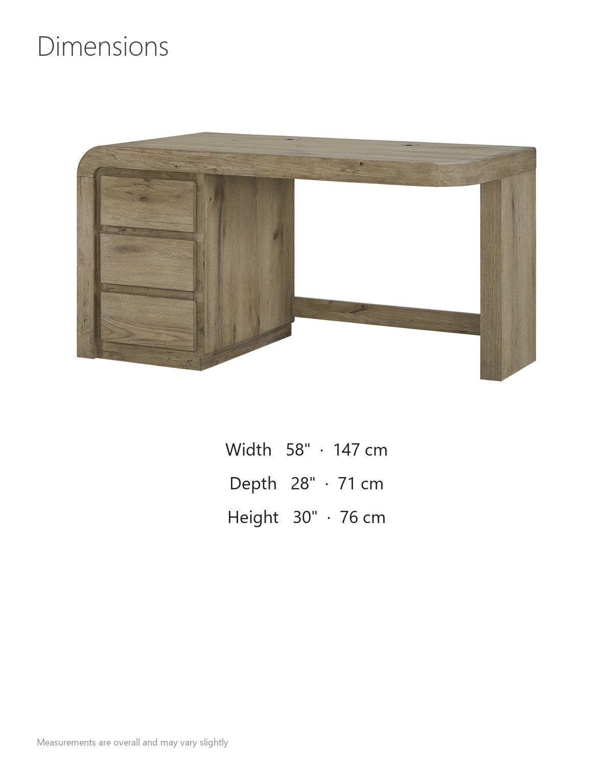 Curinga 58-Inch 3-Drawer Knotty Oak Veneer Waterfall Executive Desk dimensions