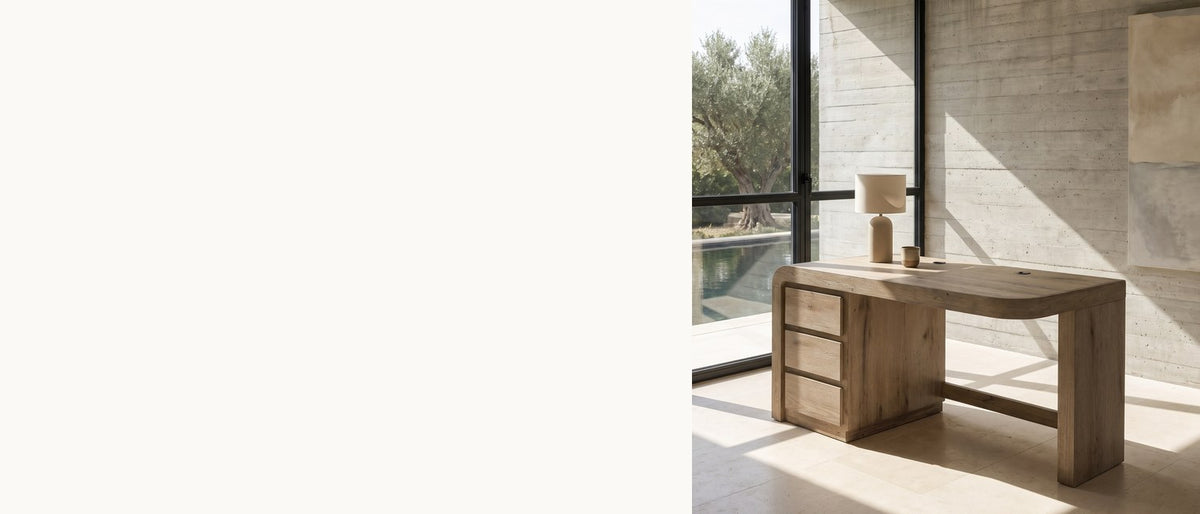 One curve does all the work. - Curinga 58-Inch 3-Drawer Knotty Oak Veneer Waterfall Executive Desk